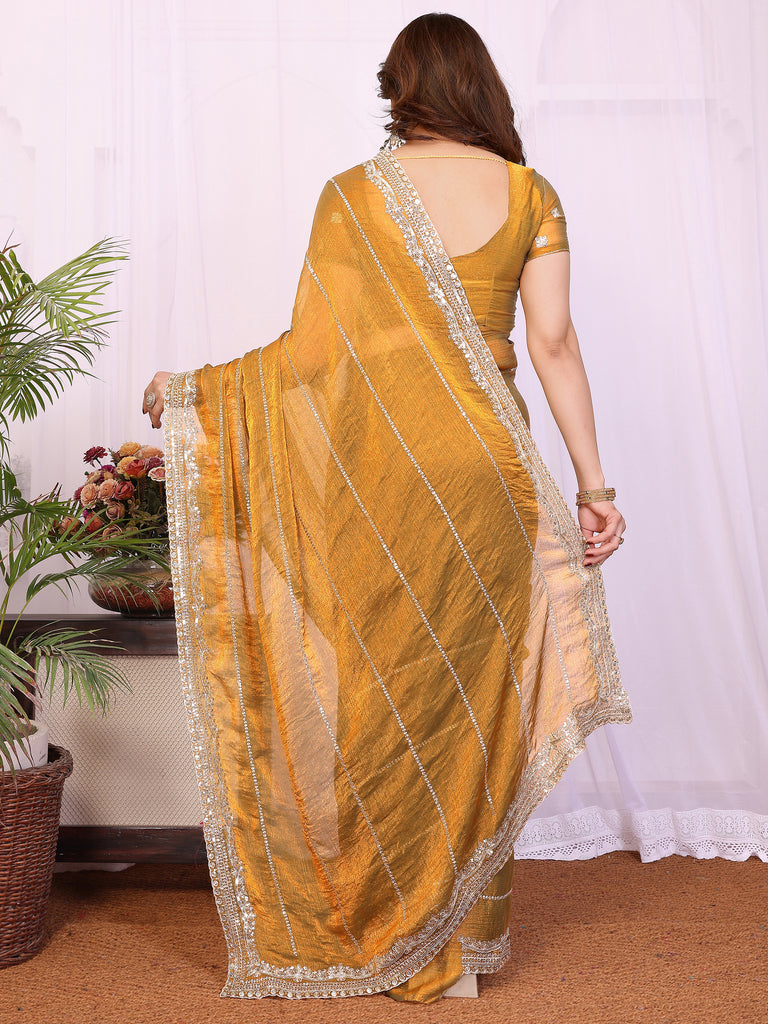 Glamorous Mustard Yellow Embroidered Chiffon Function Wear Saree