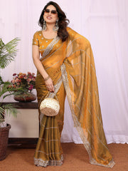 Glamorous Mustard Yellow Embroidered Chiffon Function Wear Saree