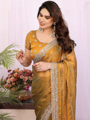Glamorous Mustard Yellow Embroidered Chiffon Function Wear Saree