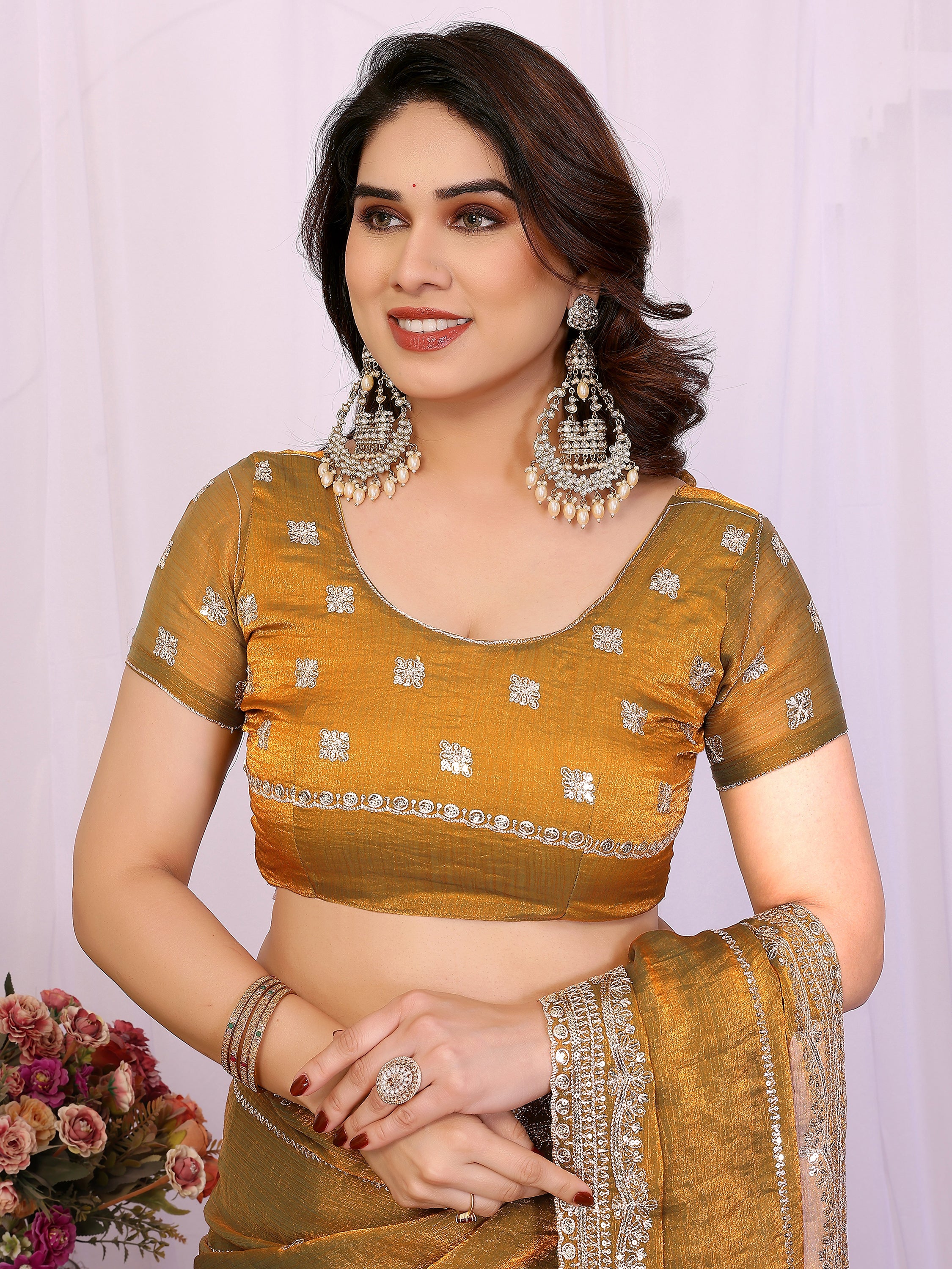 Glamorous Mustard Yellow Embroidered Chiffon Function Wear Saree