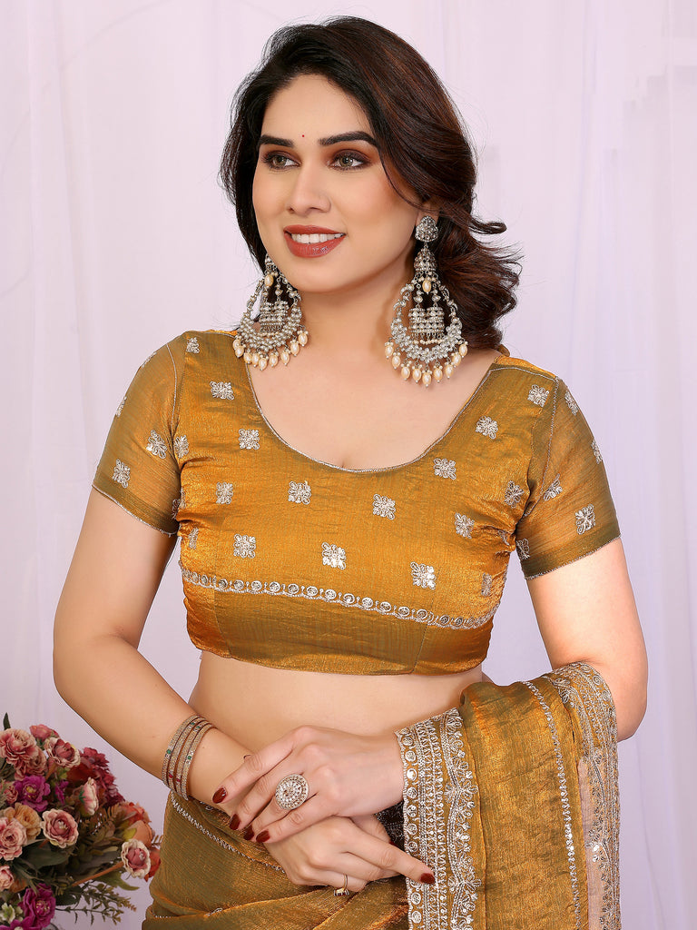 Glamorous Mustard Yellow Embroidered Chiffon Function Wear Saree