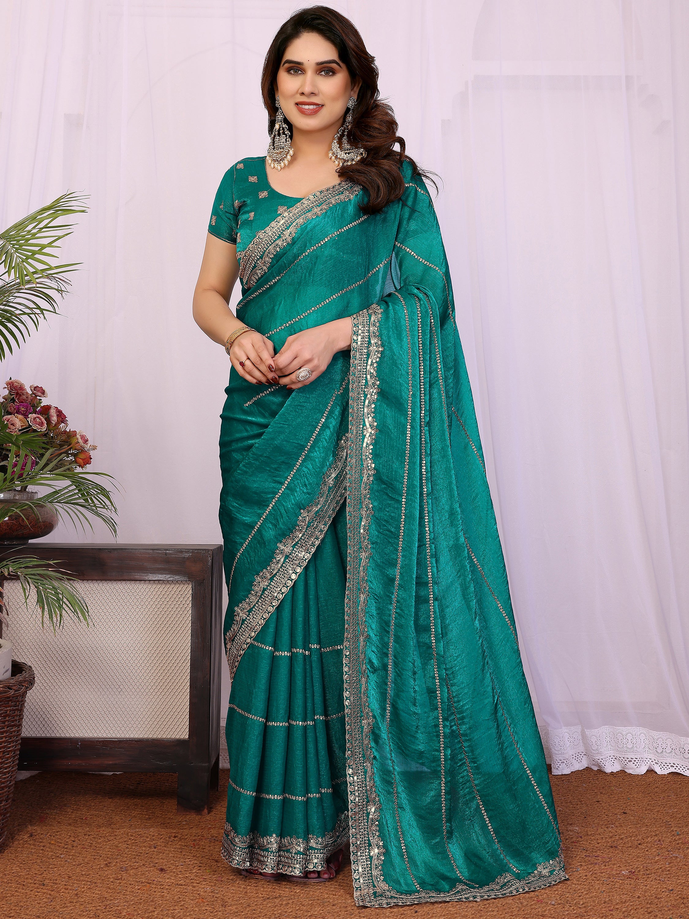 Charming Teal Green Embroidered Chiffon Engagement Wear Saree