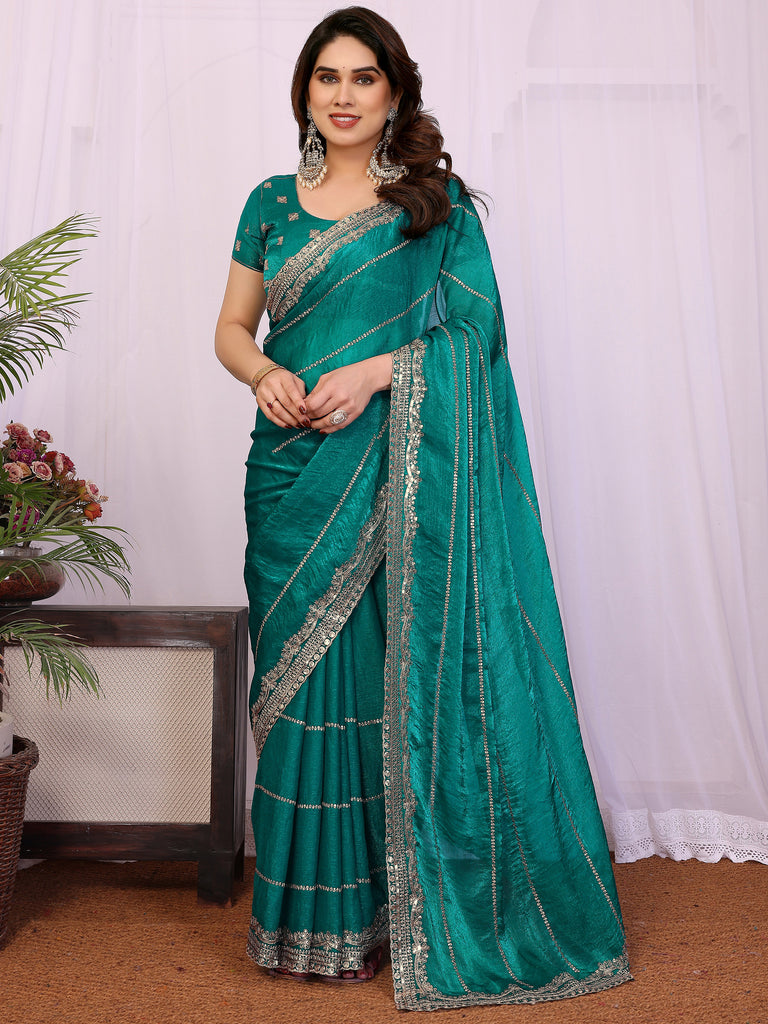 Charming Teal Green Embroidered Chiffon Engagement Wear Saree