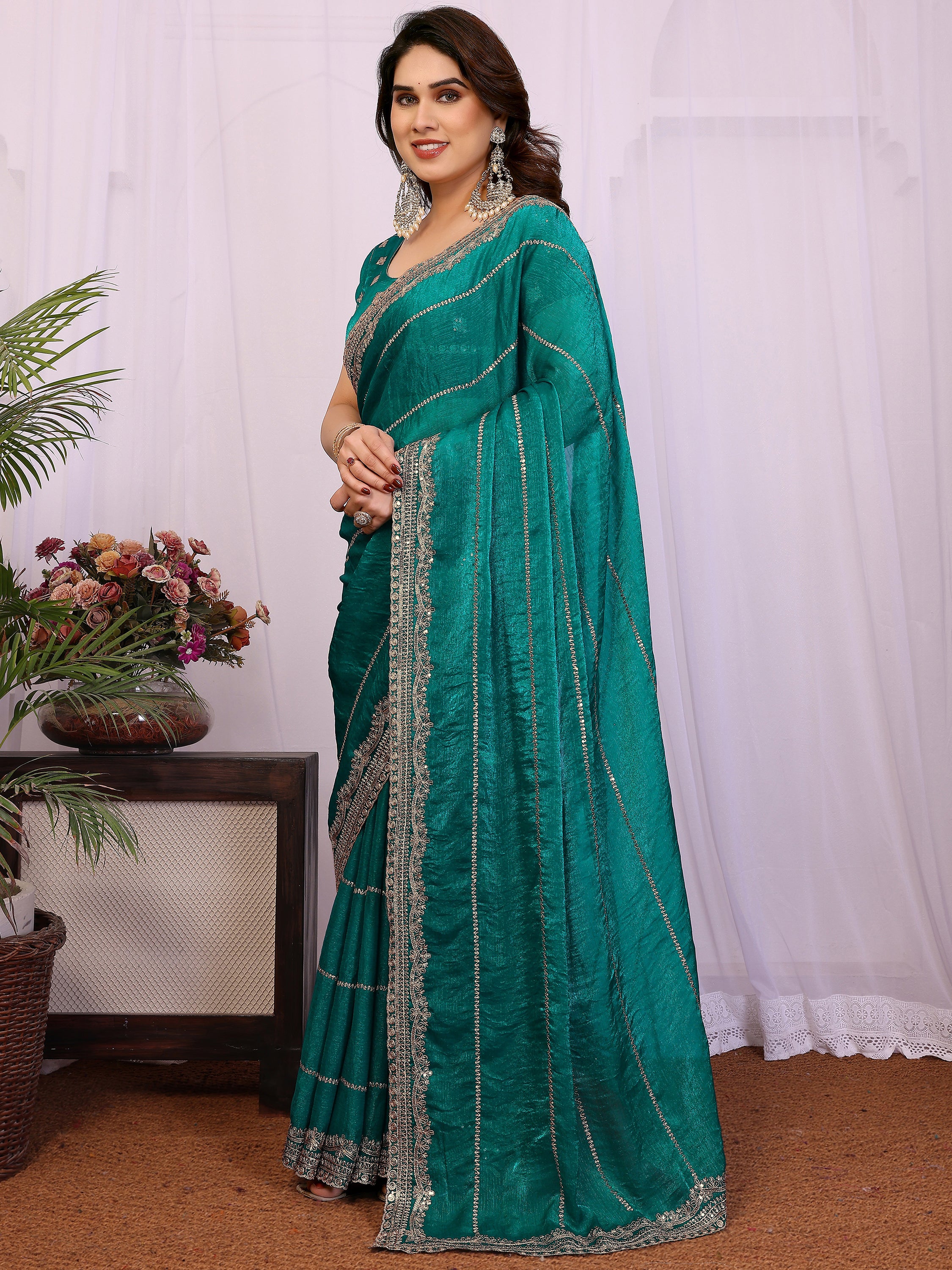 Charming Teal Green Embroidered Chiffon Engagement Wear Saree