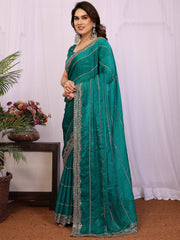 Charming Teal Green Embroidered Chiffon Engagement Wear Saree