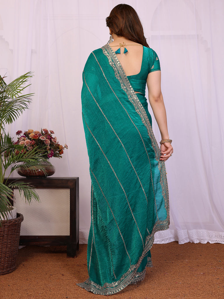 Charming Teal Green Embroidered Chiffon Engagement Wear Saree