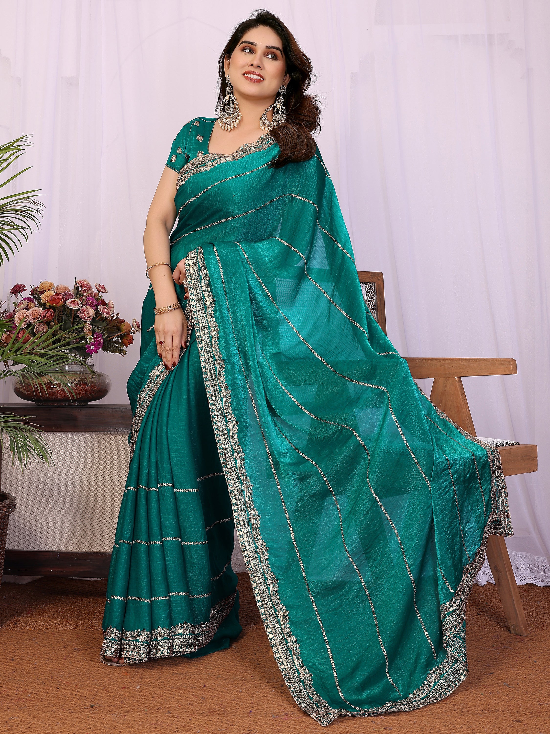 Charming Teal Green Embroidered Chiffon Engagement Wear Saree
