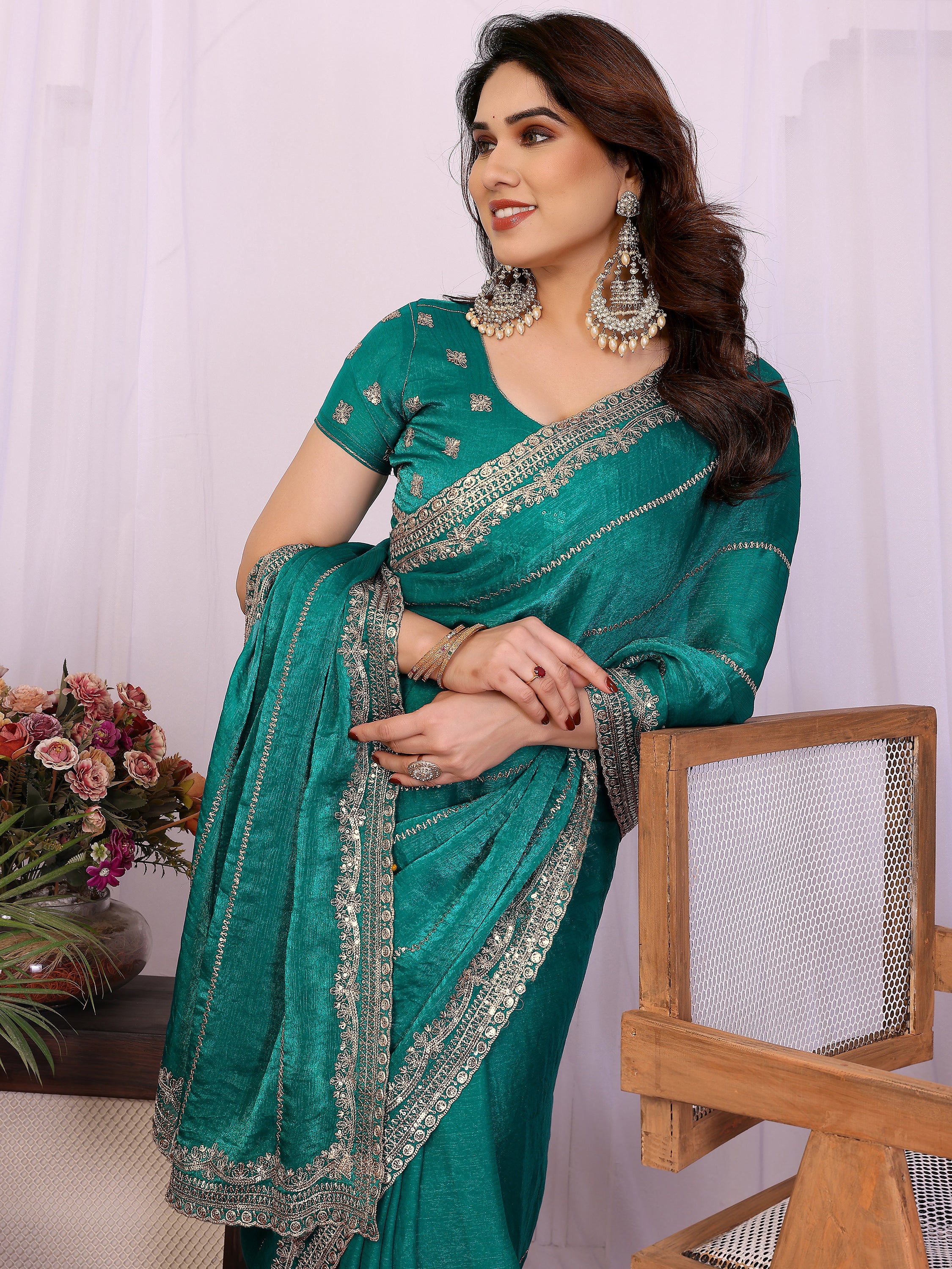 Charming Teal Green Embroidered Chiffon Engagement Wear Saree