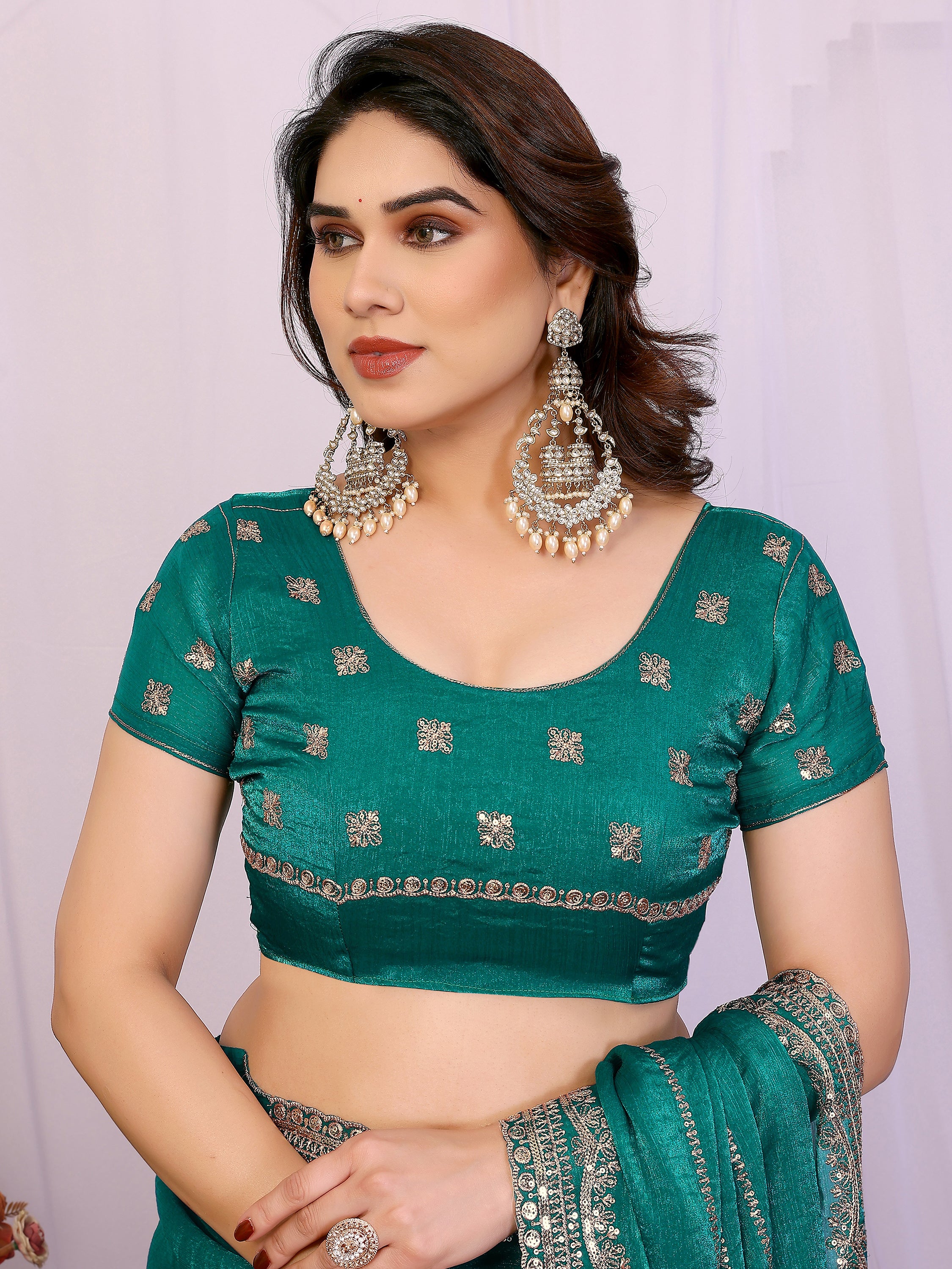 Charming Teal Green Embroidered Chiffon Engagement Wear Saree