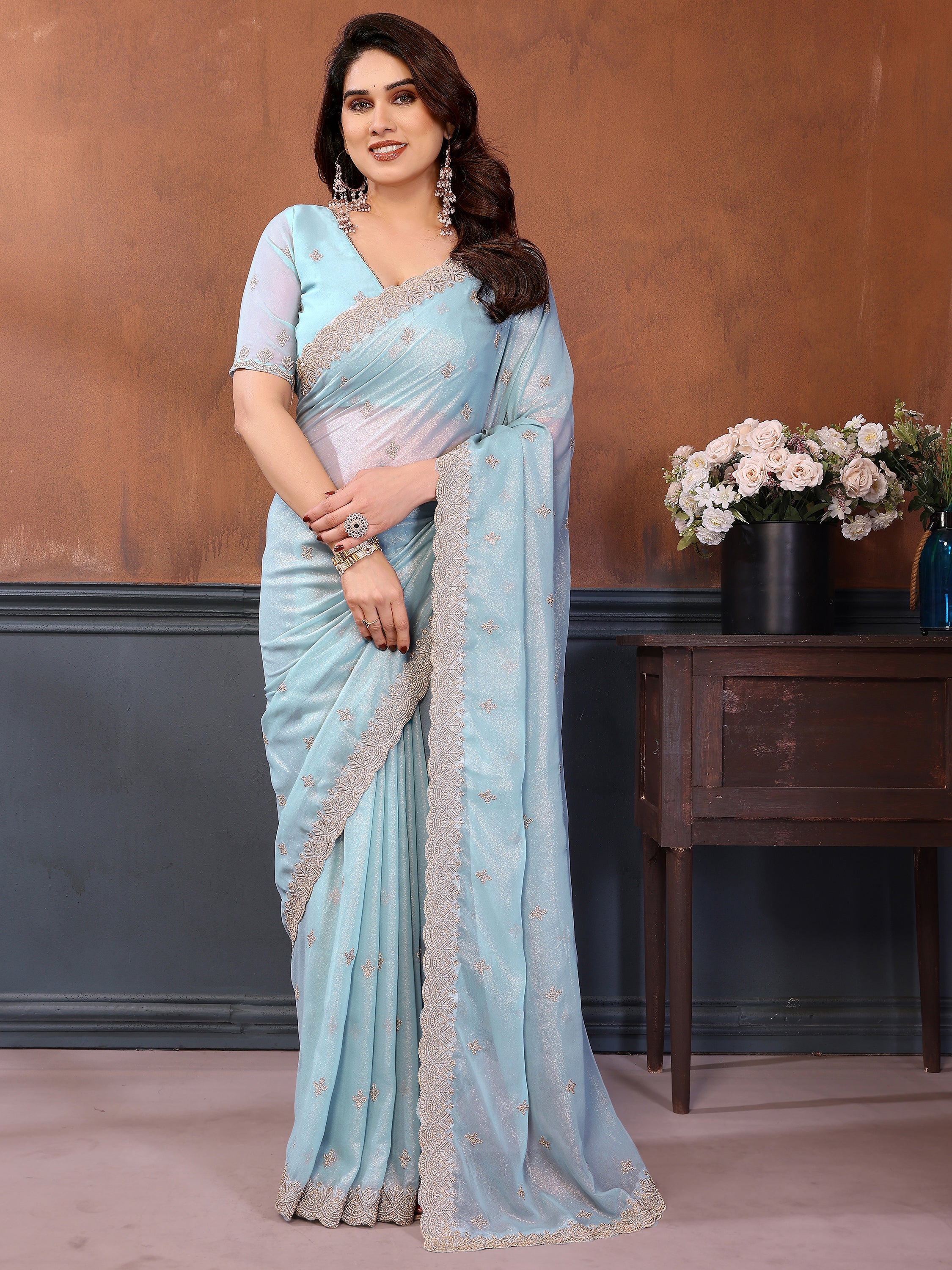 Beautiful Sky-Blue Sequins Georgette Party Wear Saree With Blouse