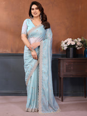 Beautiful Sky-Blue Sequins Georgette Party Wear Saree With Blouse