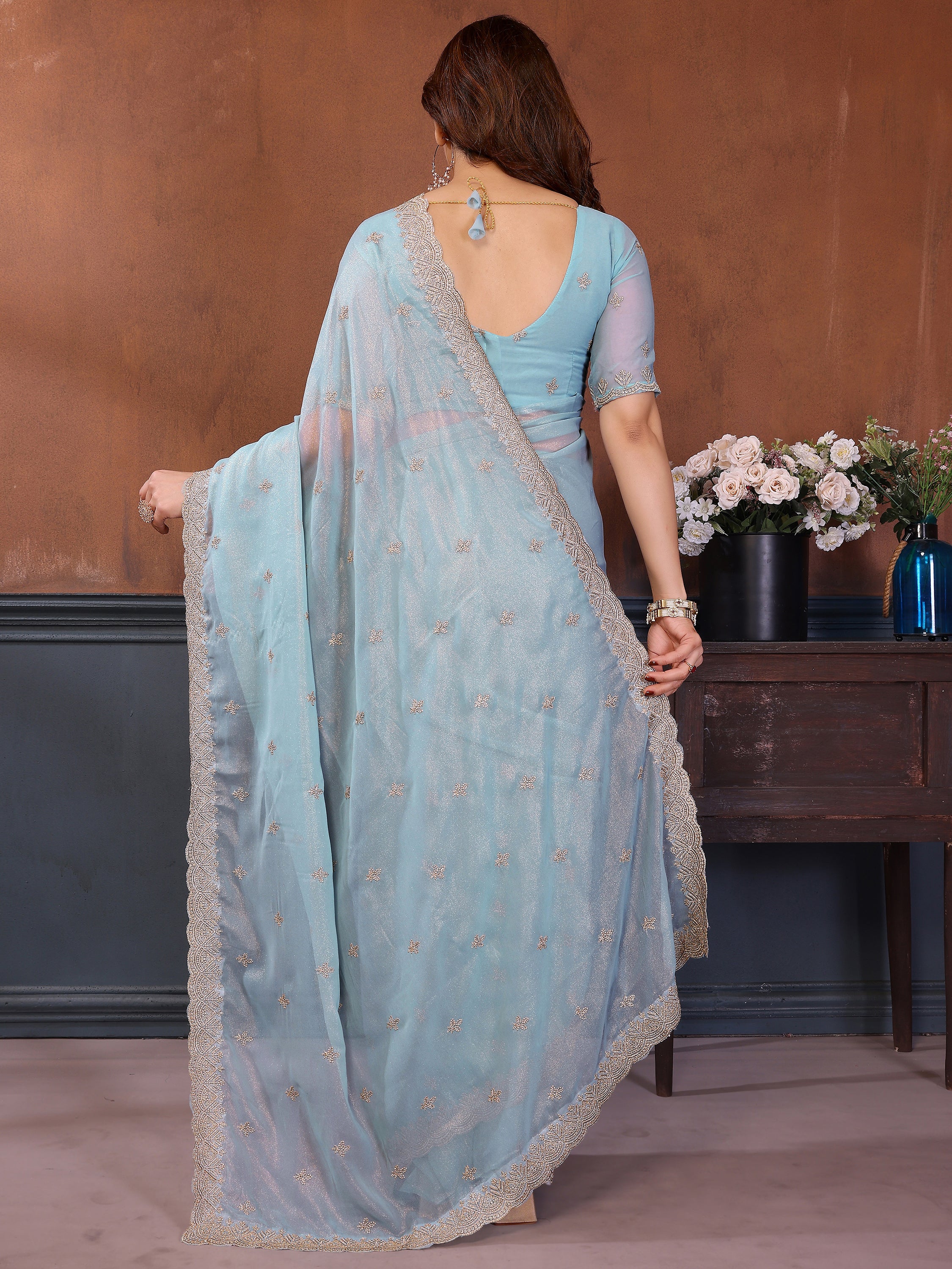 Beautiful Sky-Blue Sequins Georgette Party Wear Saree With Blouse