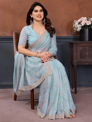 Beautiful Sky-Blue Sequins Georgette Party Wear Saree With Blouse