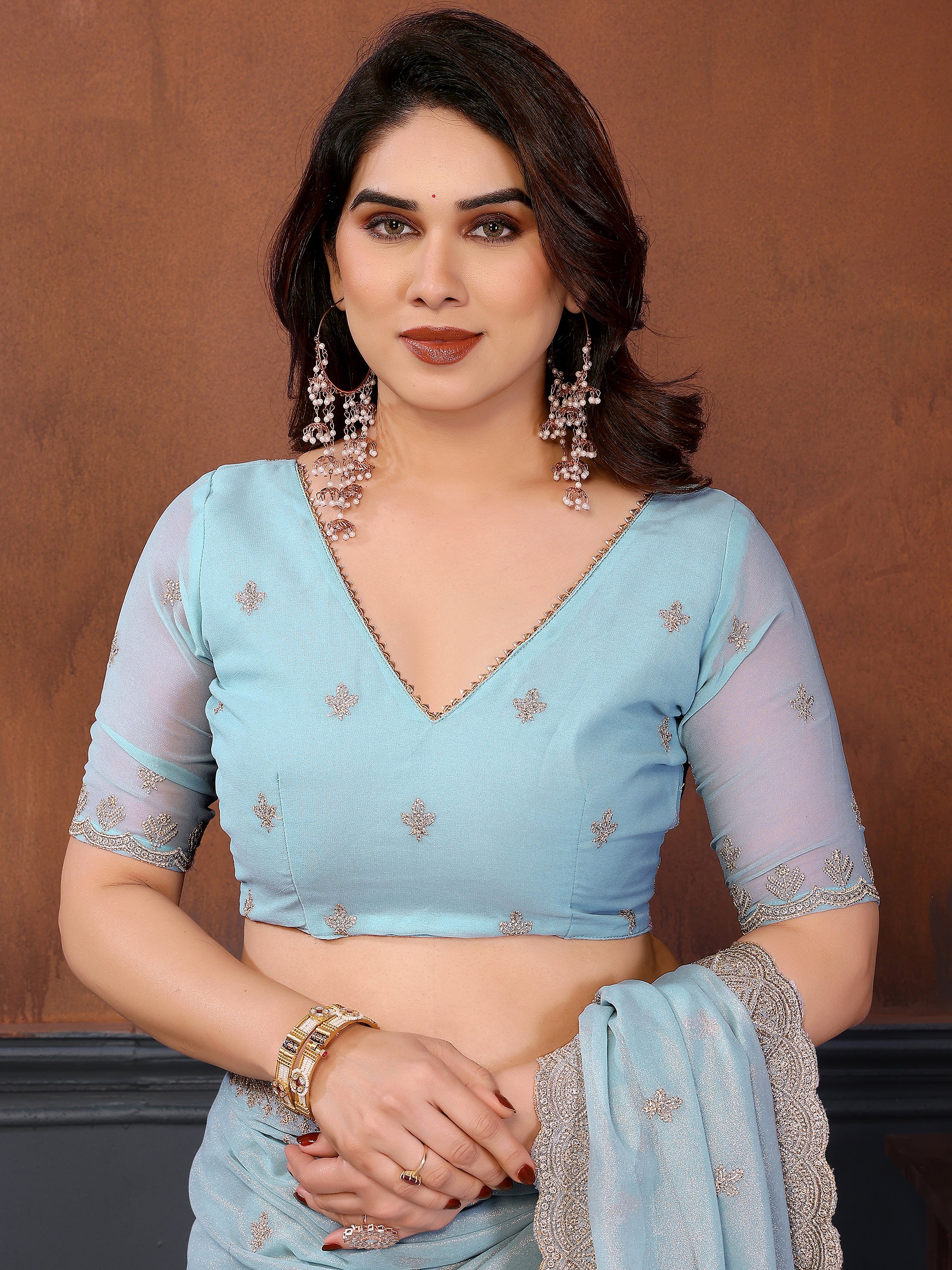 Beautiful Sky-Blue Sequins Georgette Party Wear Saree With Blouse