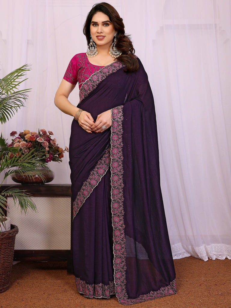 Stylish Navy Blue Lace Work Silk Reception Wear Saree With Blouse