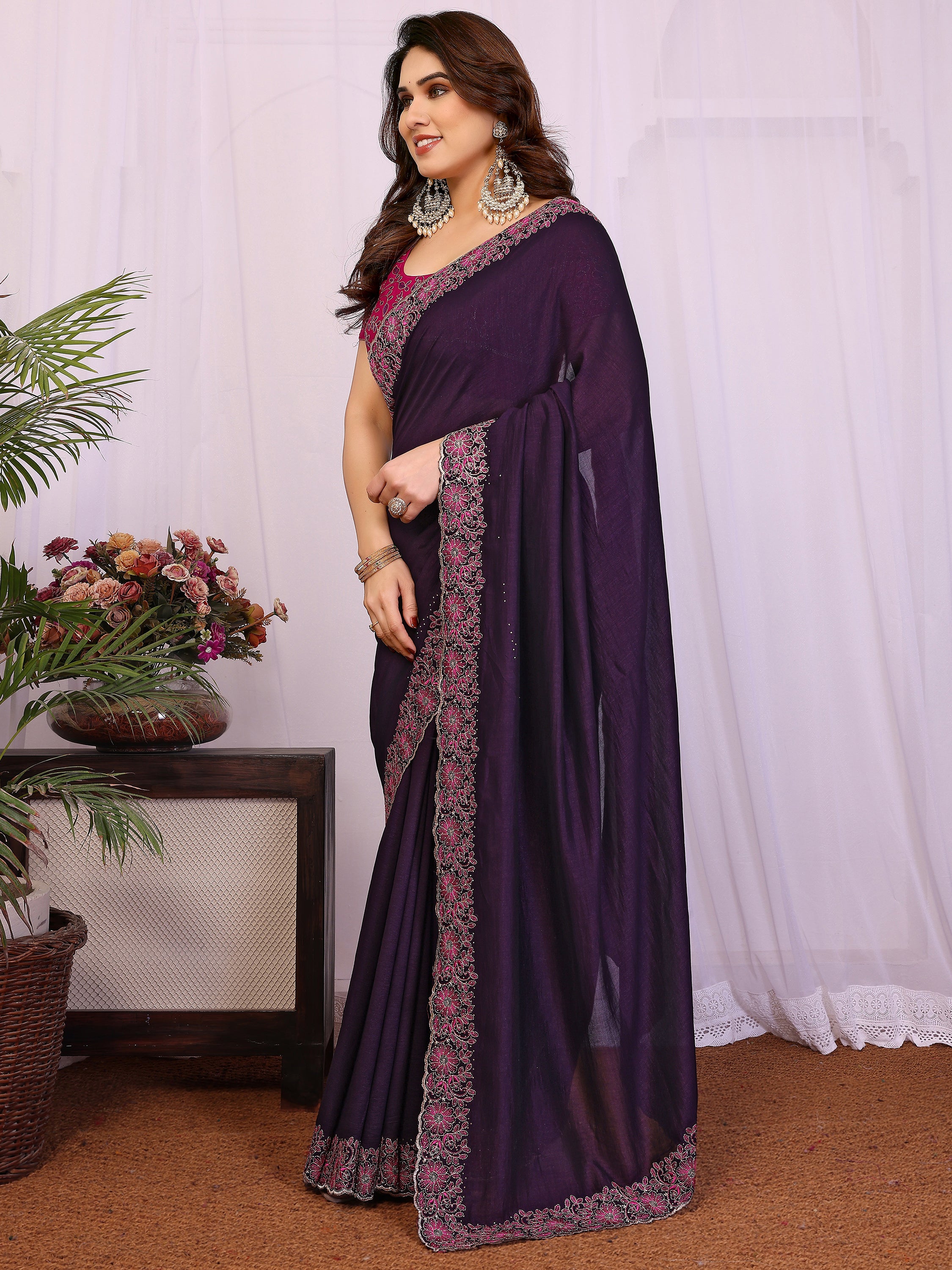 Stylish Navy Blue Lace Work Silk Reception Wear Saree With Blouse