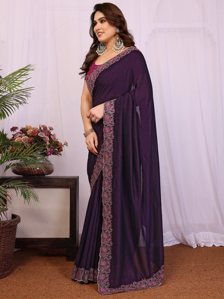 Stylish Navy Blue Lace Work Silk Reception Wear Saree With Blouse