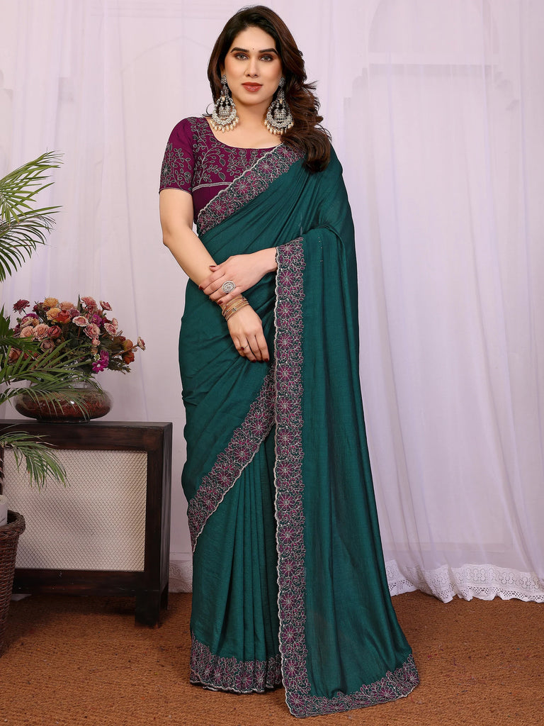Classic Teal Green Lace Work Silk Festival Wear Saree With Blouse