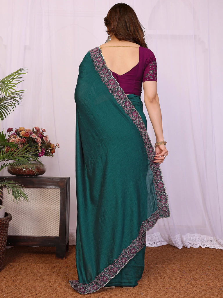 Classic Teal Green Lace Work Silk Festival Wear Saree With Blouse