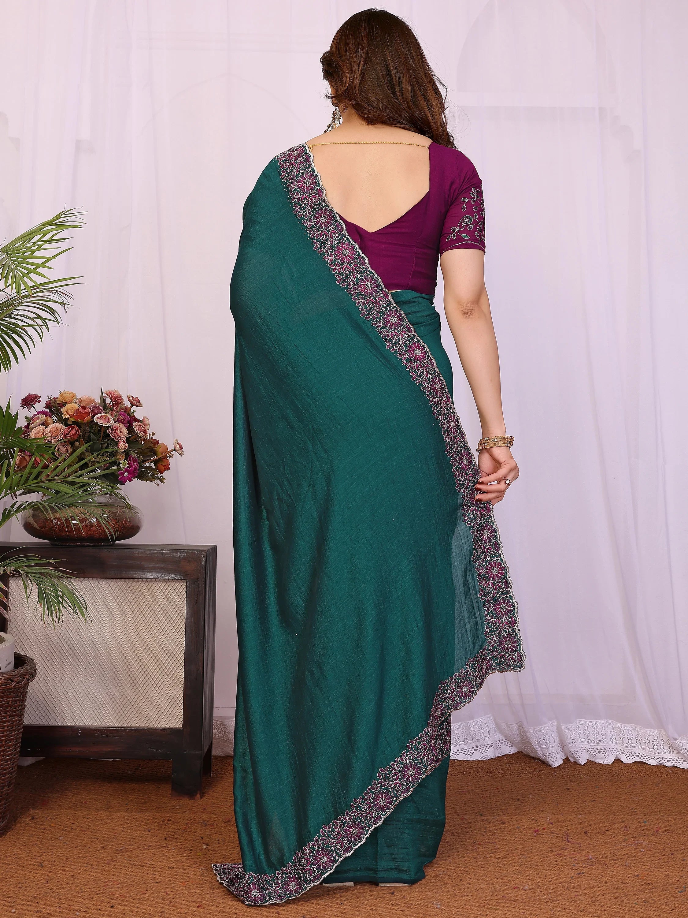 Classic Teal Green Lace Work Silk Festival Wear Saree With Blouse