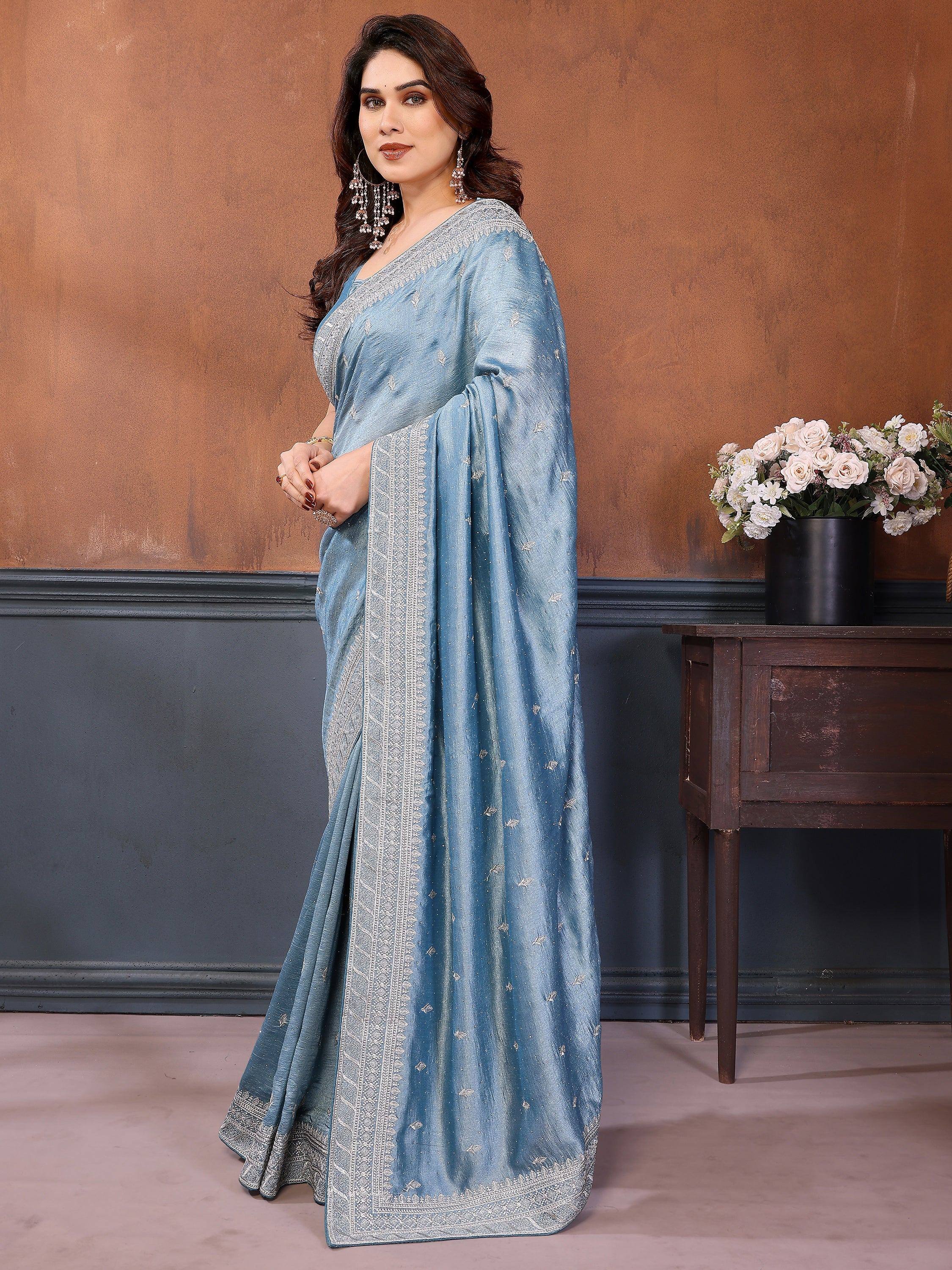 Attractive Dusty Blue Zari Embroidered Silk Party Wear Saree With Blouse