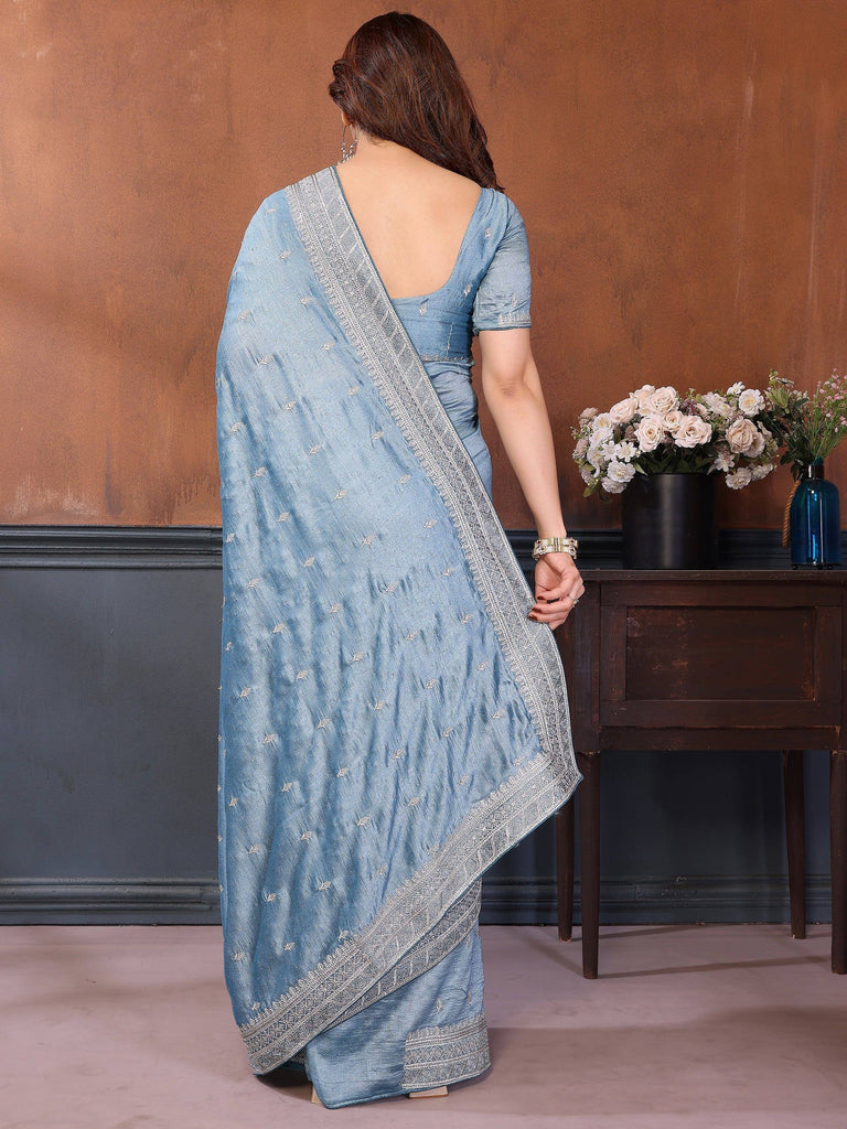 Attractive Dusty Blue Zari Embroidered Silk Party Wear Saree With Blouse