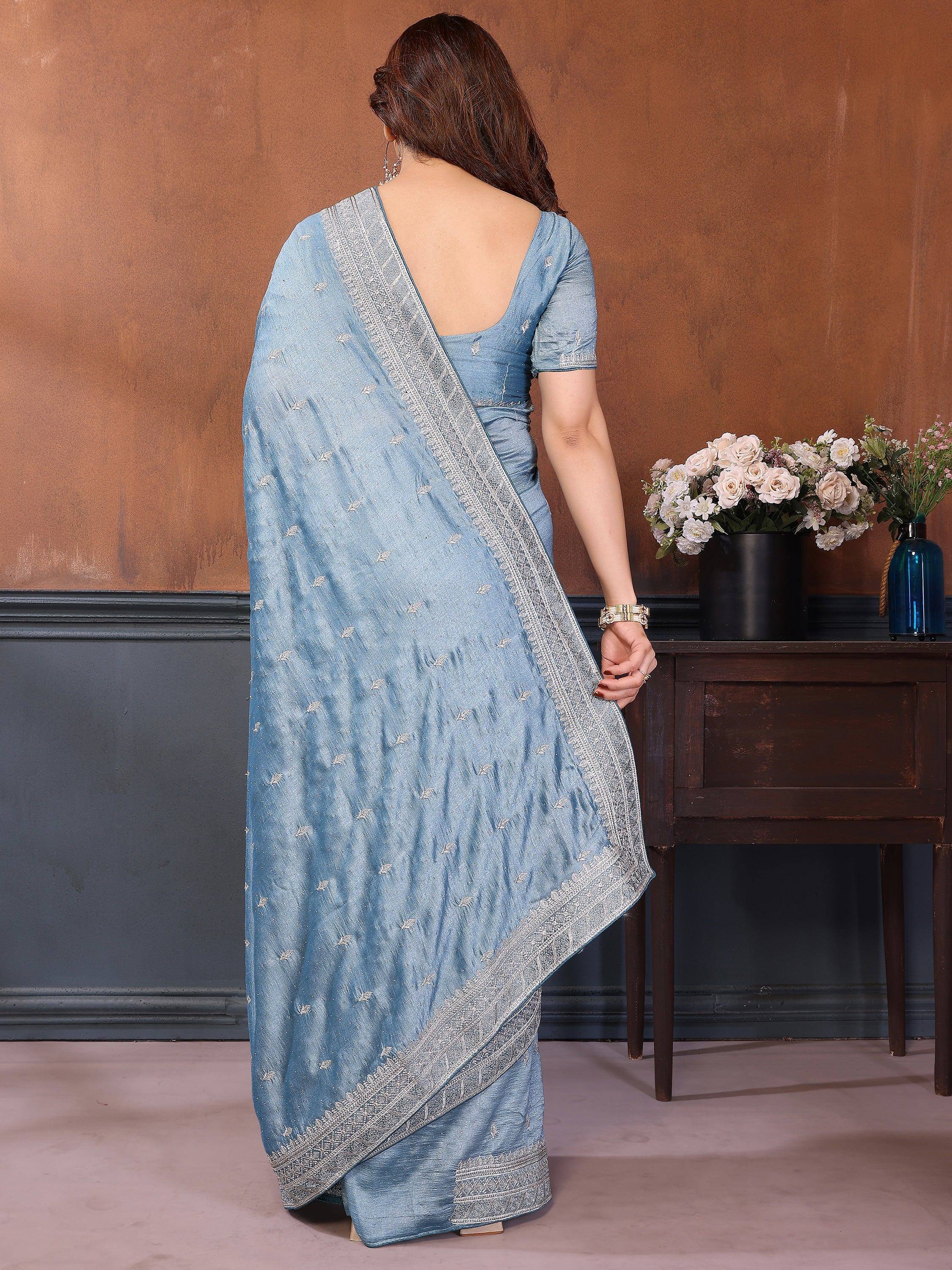 Attractive Dusty Blue Zari Embroidered Silk Party Wear Saree With Blouse