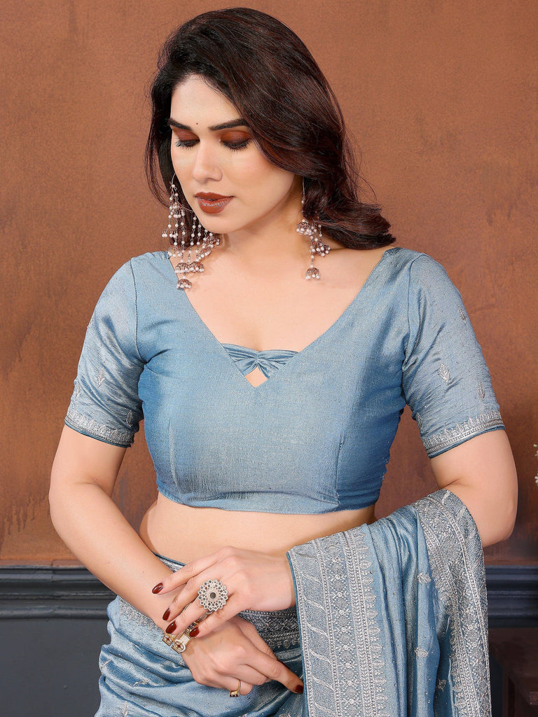 Attractive Dusty Blue Zari Embroidered Silk Party Wear Saree With Blouse