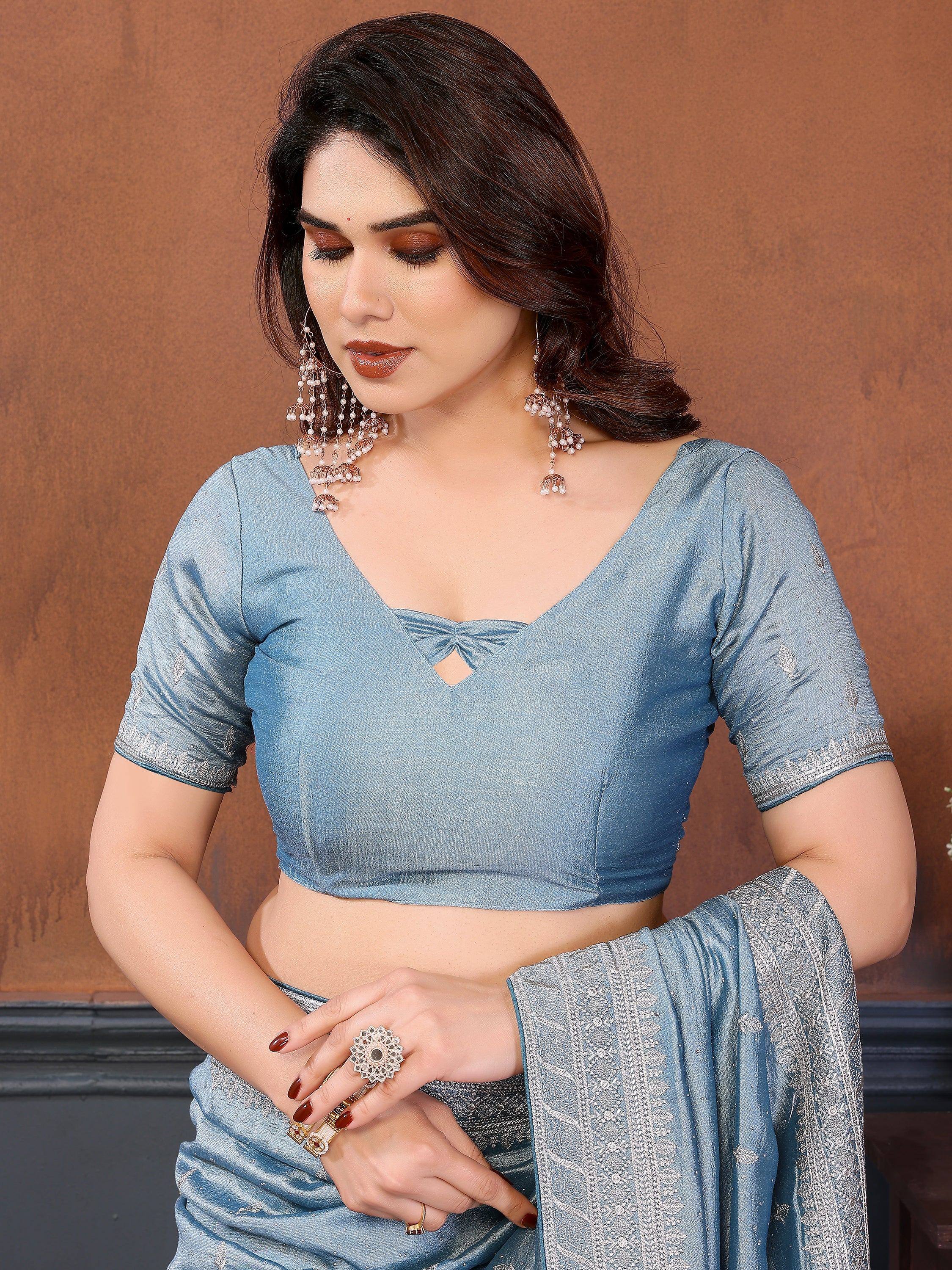 Attractive Dusty Blue Zari Embroidered Silk Party Wear Saree With Blouse