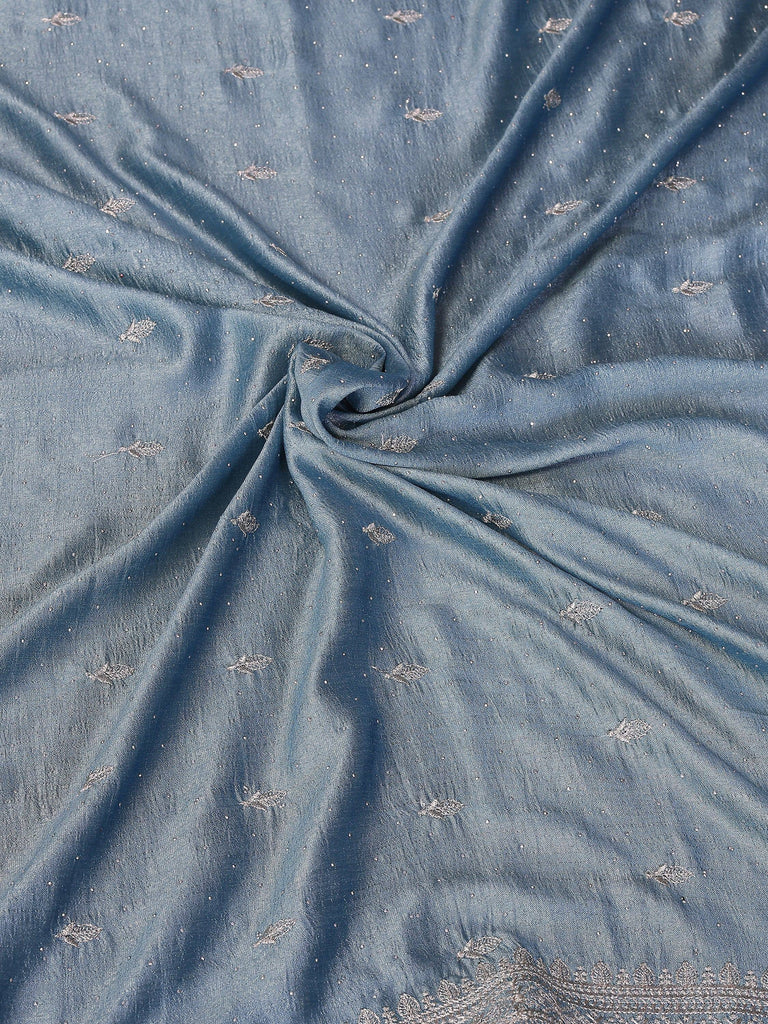 Attractive Dusty Blue Zari Embroidered Silk Party Wear Saree With Blouse