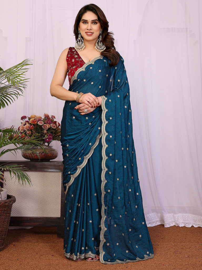 Alluring Teal Blue Embroidered Silk Wedding Wear Saree With Blouse