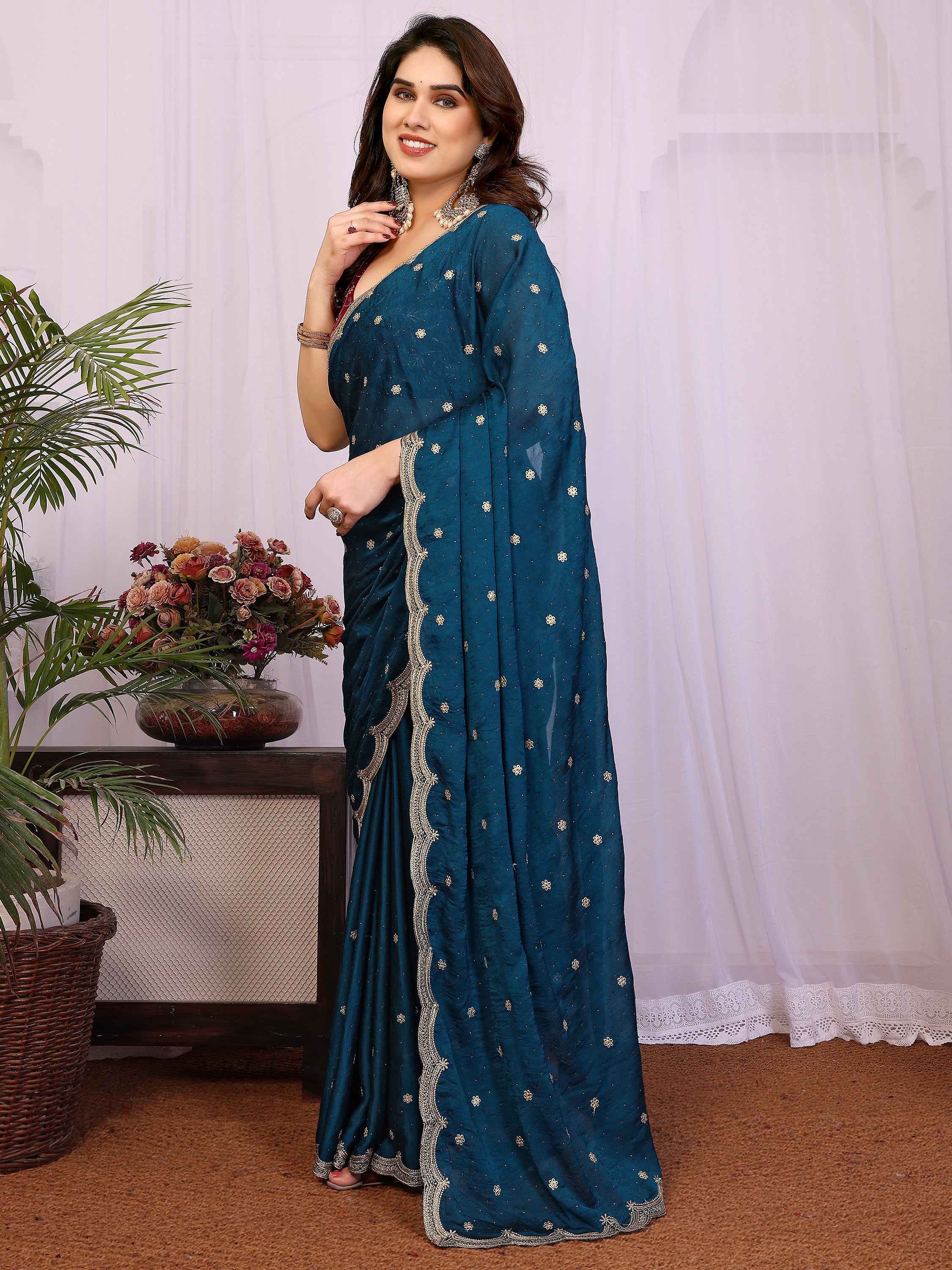 Alluring Teal Blue Embroidered Silk Wedding Wear Saree With Blouse