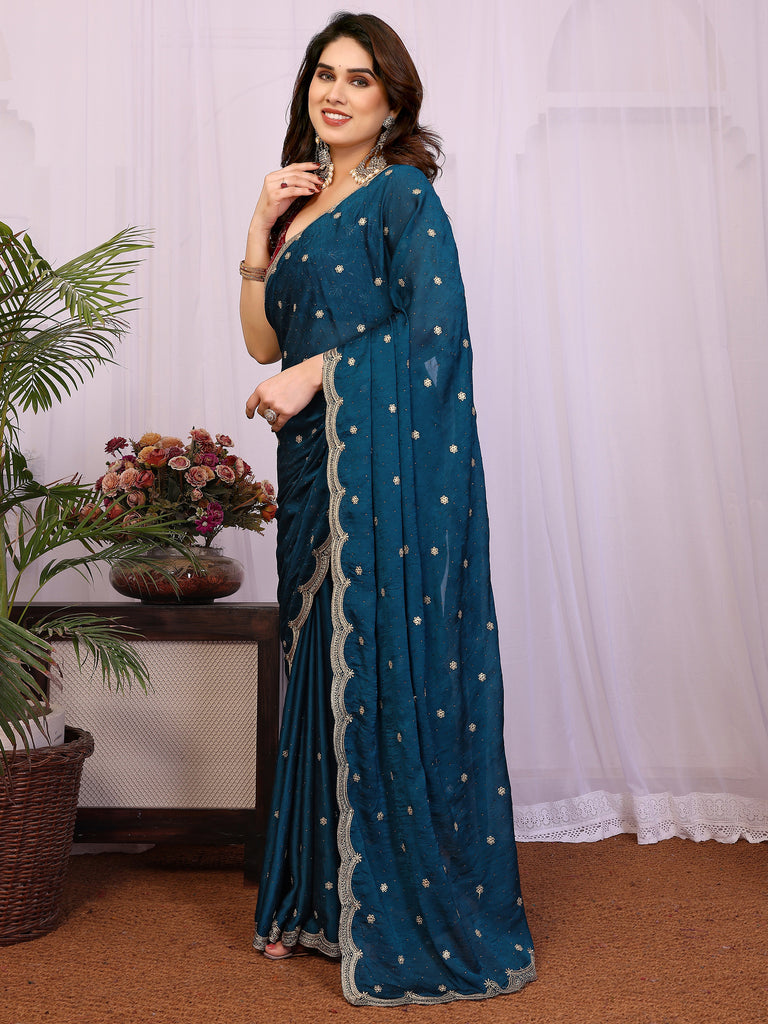 Alluring Teal Blue Embroidered Silk Wedding Wear Saree With Blouse