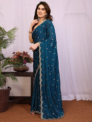 Alluring Teal Blue Embroidered Silk Wedding Wear Saree With Blouse