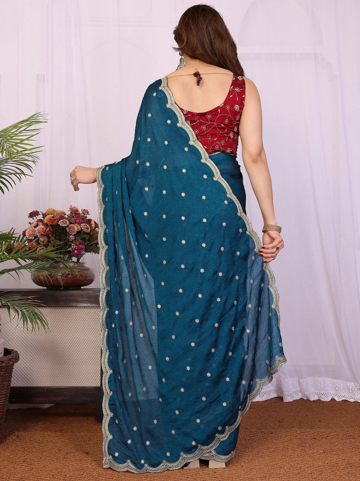 Alluring Teal Blue Embroidered Silk Wedding Wear Saree With Blouse