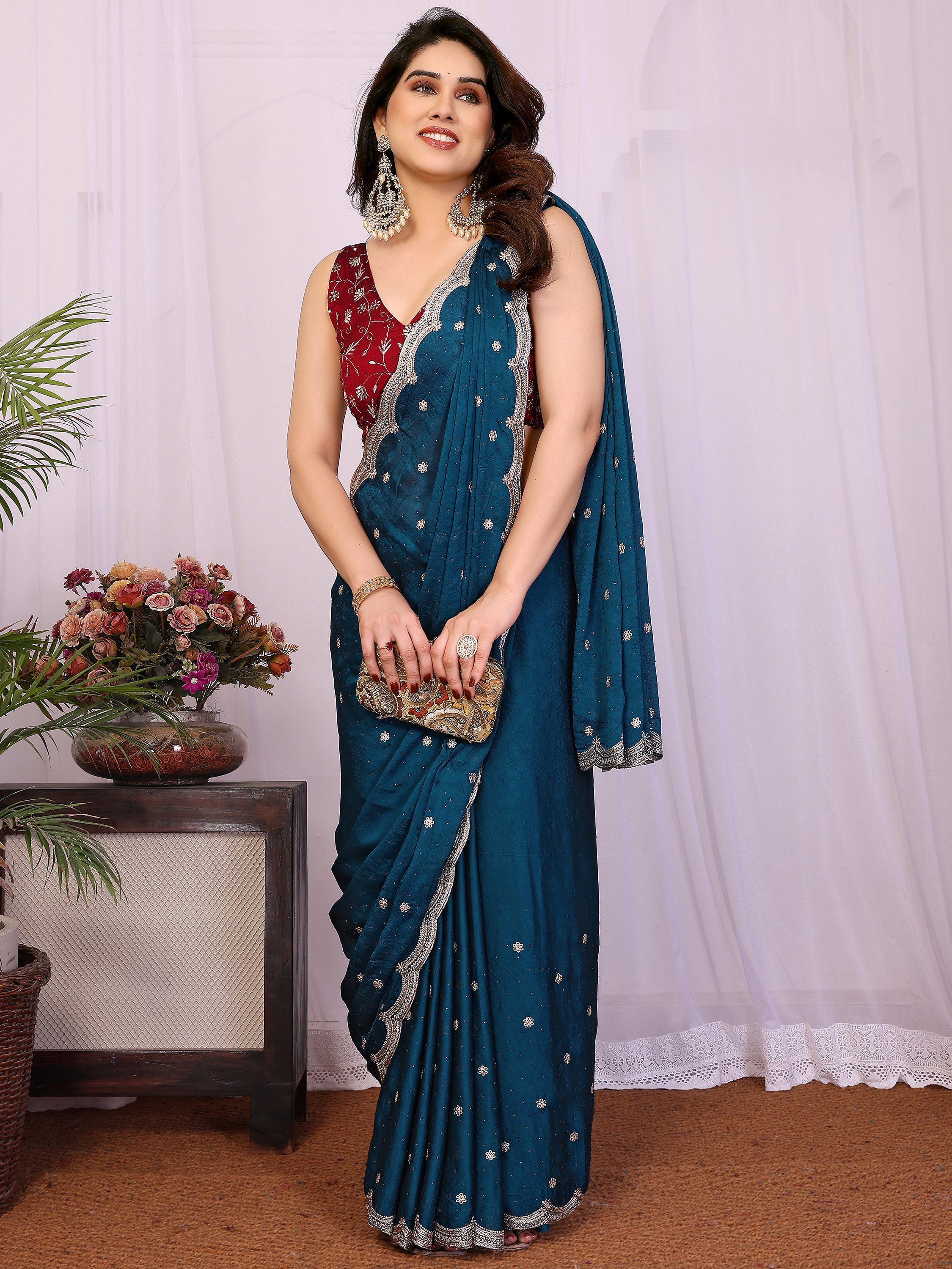 Alluring Teal Blue Embroidered Silk Wedding Wear Saree With Blouse