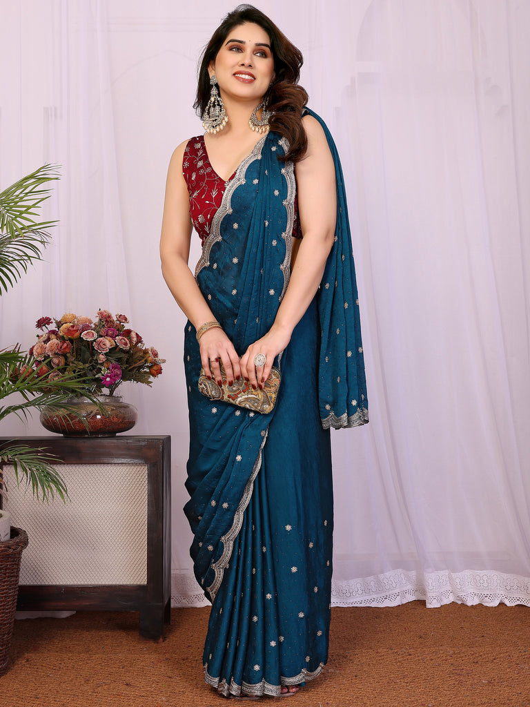 Alluring Teal Blue Embroidered Silk Wedding Wear Saree With Blouse