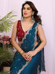 Alluring Teal Blue Embroidered Silk Wedding Wear Saree With Blouse