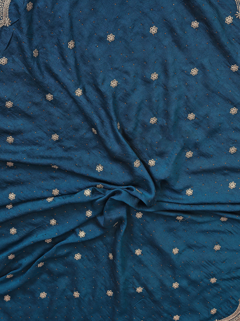Alluring Teal Blue Embroidered Silk Wedding Wear Saree With Blouse