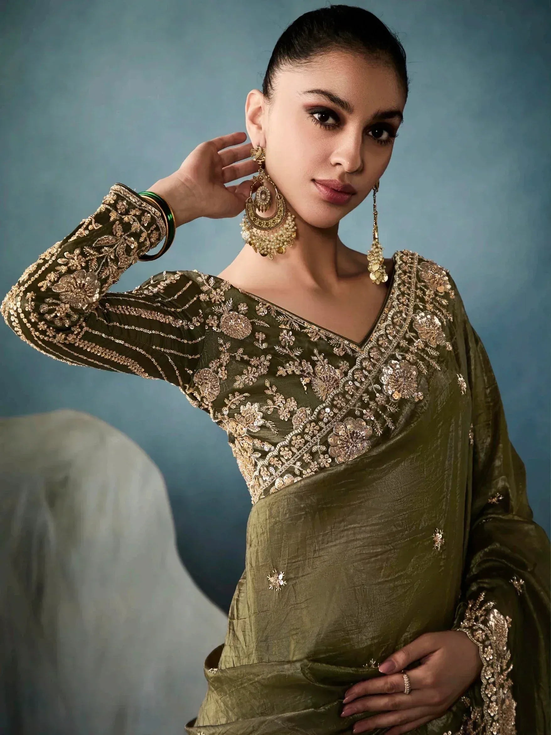 Olive green designer salwar kameez with gold embroidery, perfect for Indian ethnic wear occasions