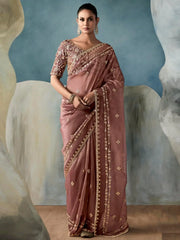 Attractive Rose Gold Sequins Work Tissue Bridesmaid Saree With Blouse