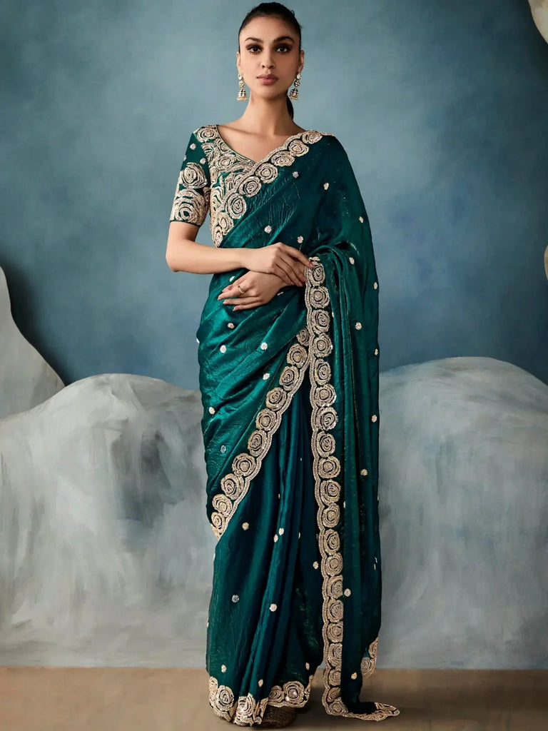 Pretty Teal Green Pearl Work Tissue Mehendi Wear Saree With Blouse