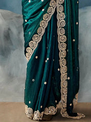Pretty Teal Green Pearl Work Tissue Mehendi Wear Saree With Blouse