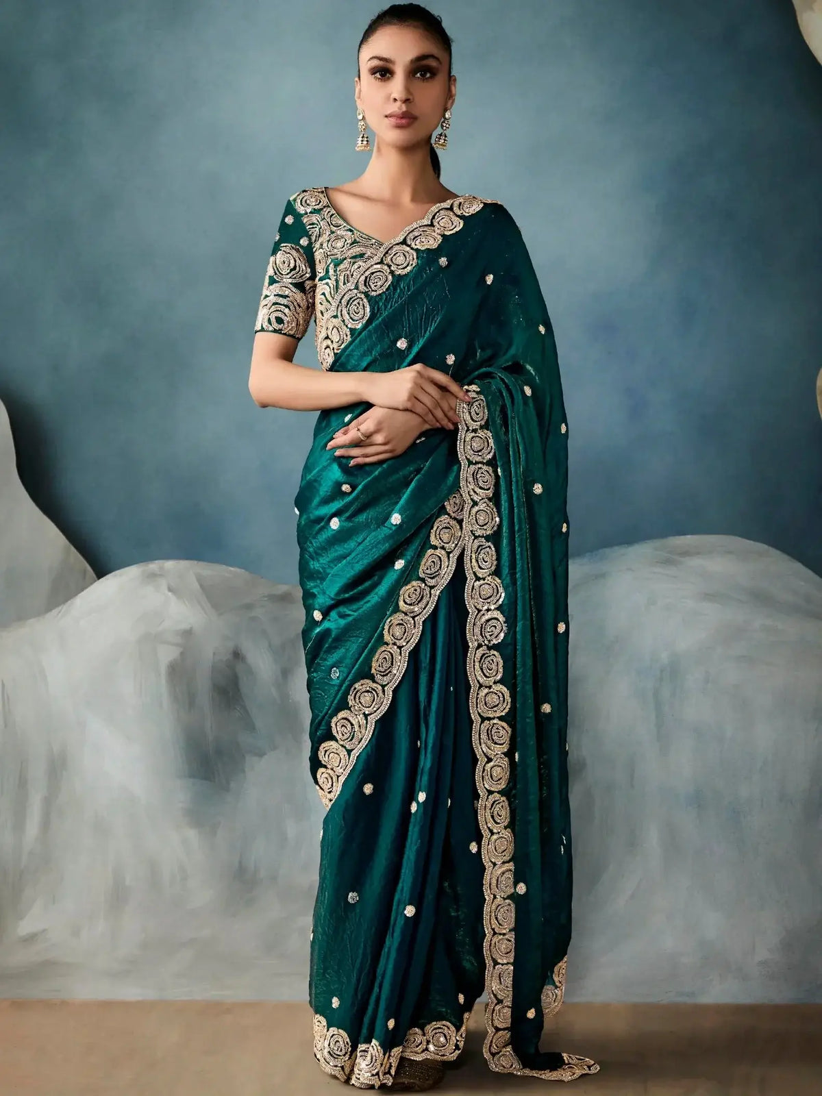 Pretty Teal Green Pearl Work Tissue Mehendi Wear Saree With Blouse