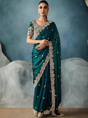 Pretty Teal Green Pearl Work Tissue Mehendi Wear Saree With Blouse