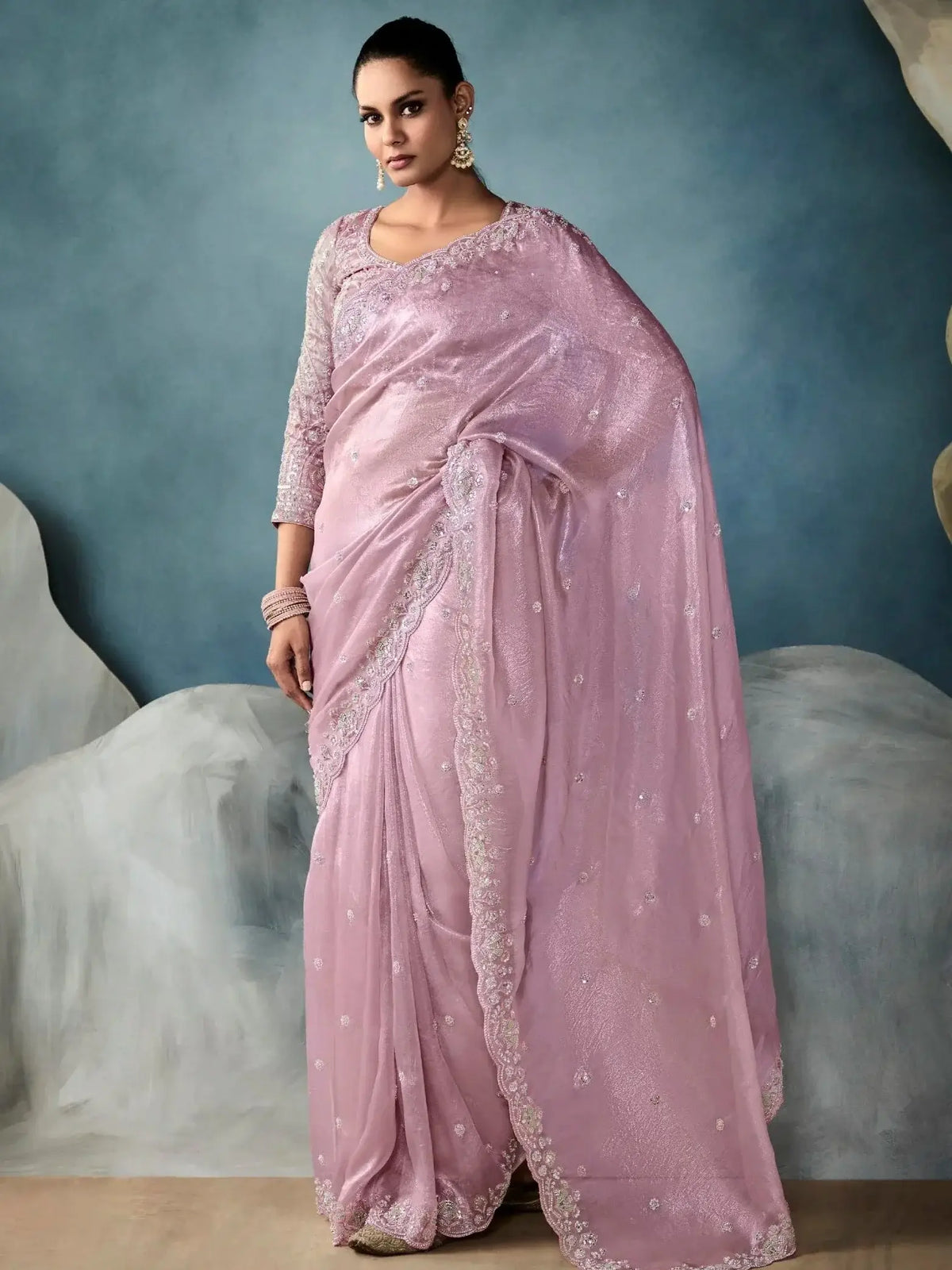 Lovely Mauve Hand Embroidery Tissue Wedding Wear Saree With Blouse