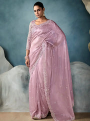 Lovely Mauve Hand Embroidery Tissue Wedding Wear Saree With Blouse