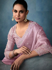 Lovely Mauve Hand Embroidery Tissue Wedding Wear Saree With Blouse