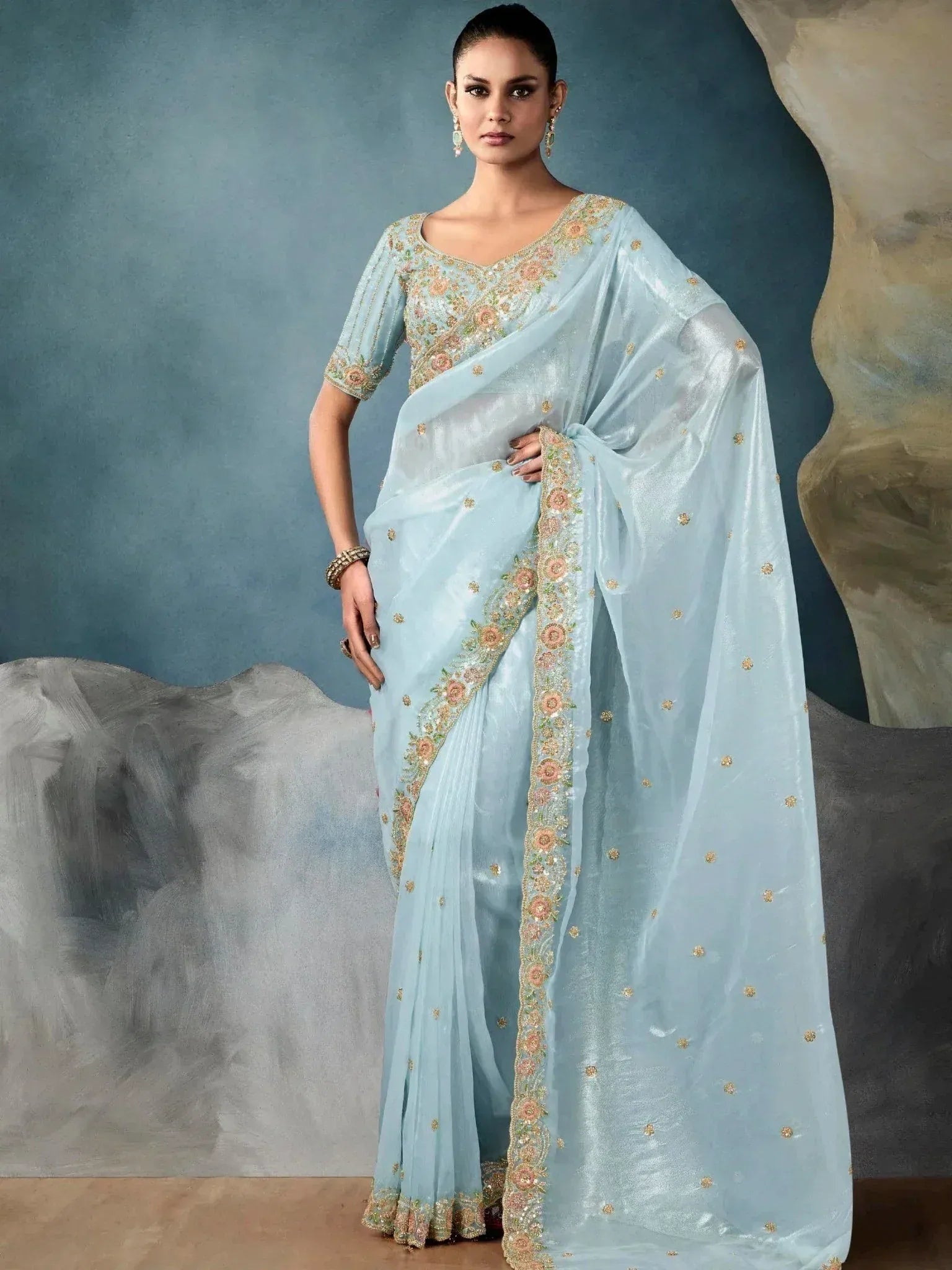 Alluring Sky-Blue Heavy Embroidered Tissue Reception Wear Saree