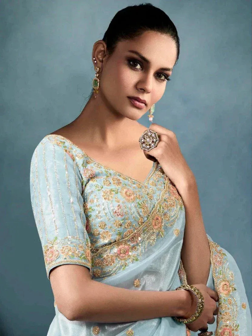 Alluring Sky-Blue Heavy Embroidered Tissue Reception Wear Saree